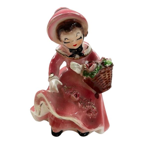 Vintage Josef Originals ? Pink & Gold Lady Holding Basket Figurine JAPAN Wstickr